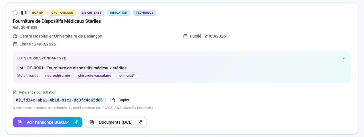 Annonce BOAMP détectée avec lots correspondants dans EDAO